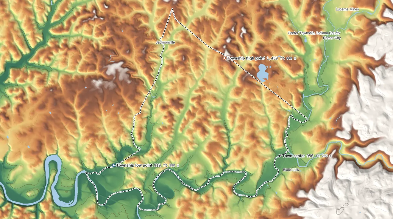 Topographic elevation map of Black Lick Township, Pennsylvania, shaded from 910 ft on the west side to 1,450 ft on the northwest side