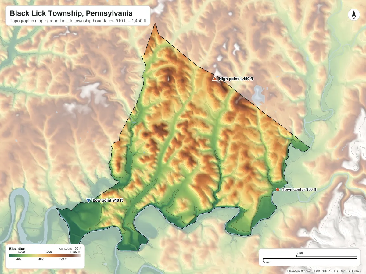 Topographic elevation map of Black Lick Township, Pennsylvania, shaded from 910 ft on the west side to 1,450 ft on the northwest side