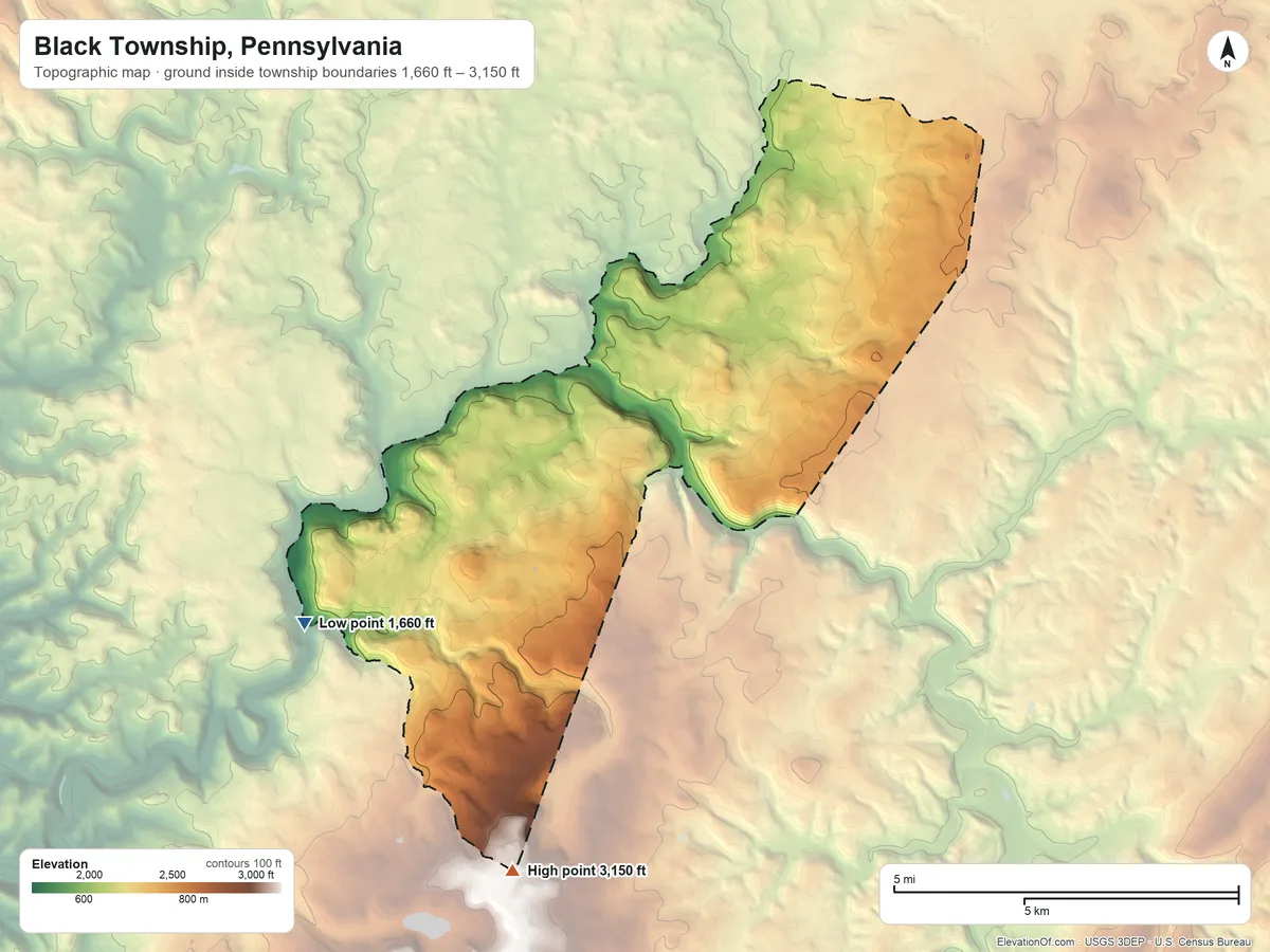 Topographic elevation map of Black Township, Pennsylvania, shaded from 1,660 ft on the southwest side to 3,150 ft on the south side