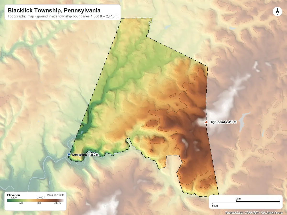Topographic elevation map of Blacklick Township, Pennsylvania, shaded from 1,380 ft on the west side to 2,410 ft on the east side