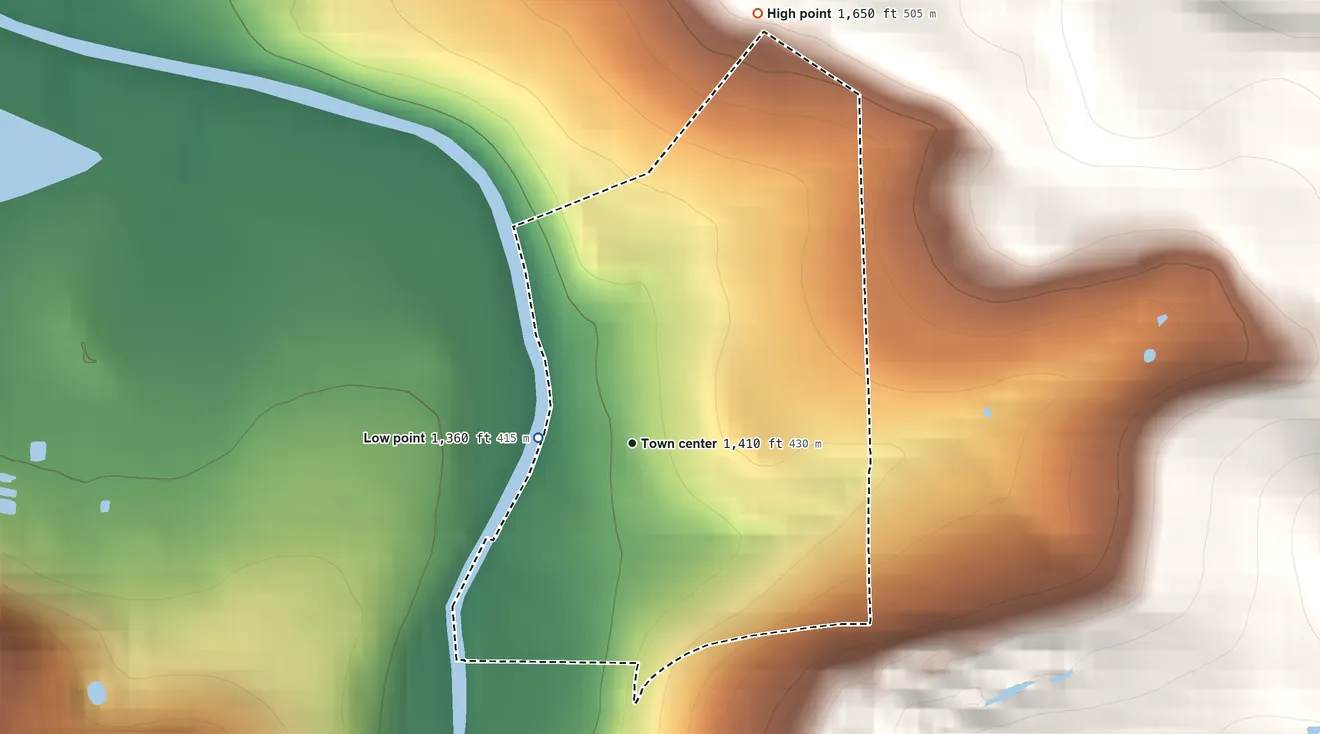 Topographic elevation map of Blain City, Pennsylvania, shaded from 1,360 ft on the west side to 1,650 ft on the north side