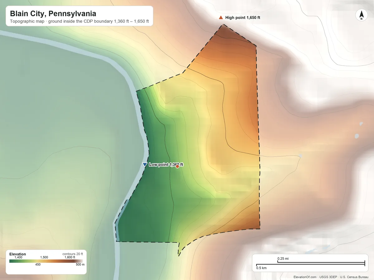 Topographic elevation map of Blain City, Pennsylvania, shaded from 1,360 ft on the west side to 1,650 ft on the north side