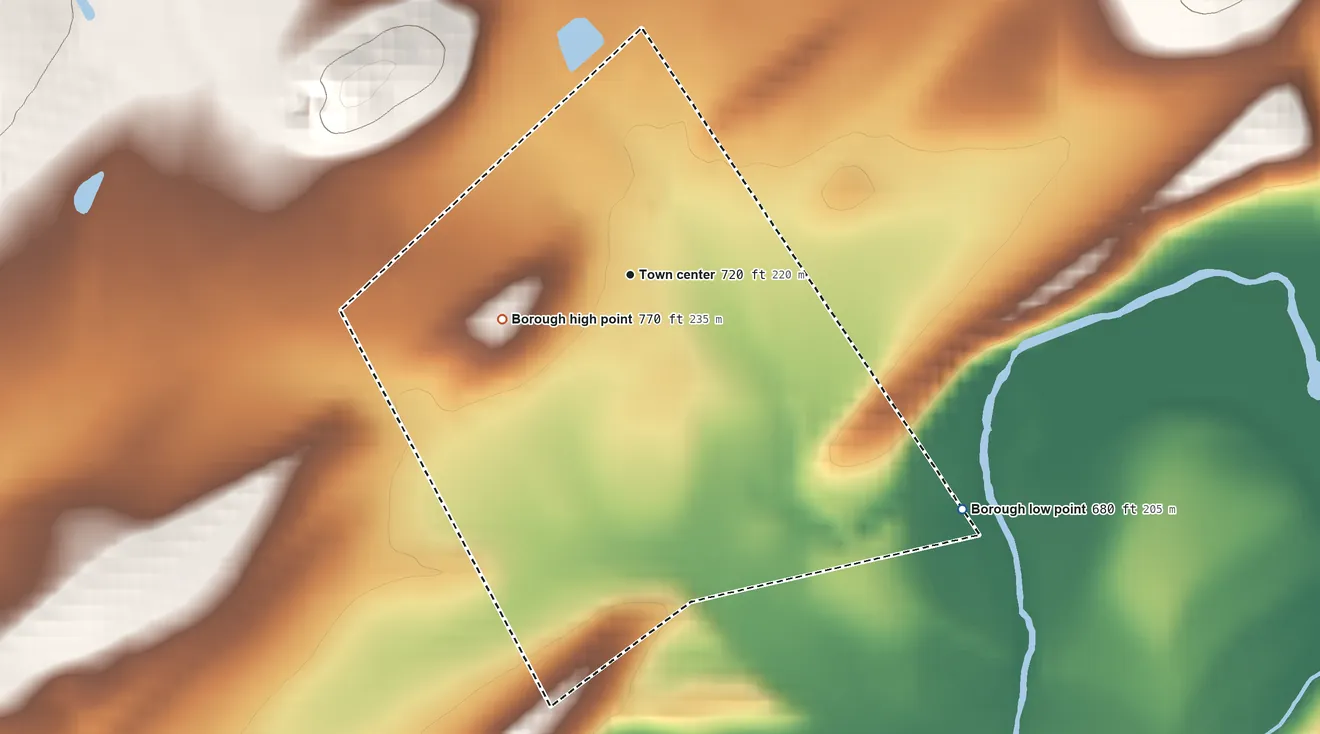 Topographic elevation map of Blain, Pennsylvania, shaded from 680 ft on the southeast side to 770 ft on the west edge, below higher ground just outside