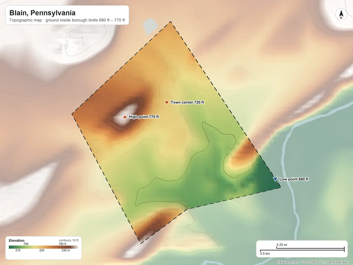 Topographic elevation map of Blain, Pennsylvania, shaded from 680 ft on the southeast side to 770 ft on the west edge, below higher ground just outside