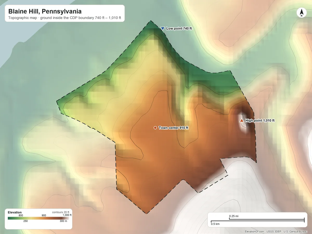 Topographic elevation map of Blaine Hill, Pennsylvania, shaded from 740 ft on the north side to 1,010 ft on the east side