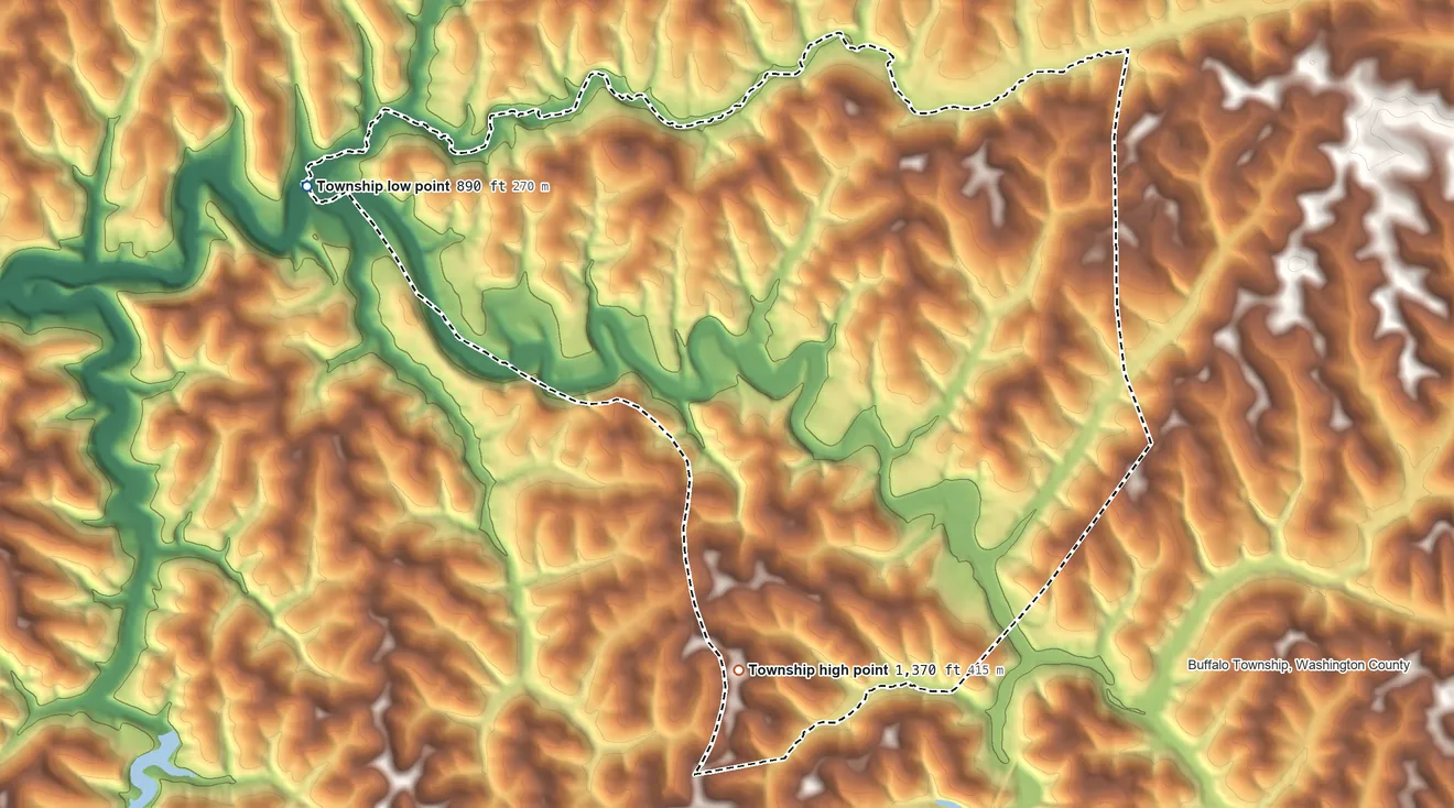 Topographic elevation map of Blaine Township, Pennsylvania, shaded from 890 ft on the northwest side to 1,370 ft on the southwest side