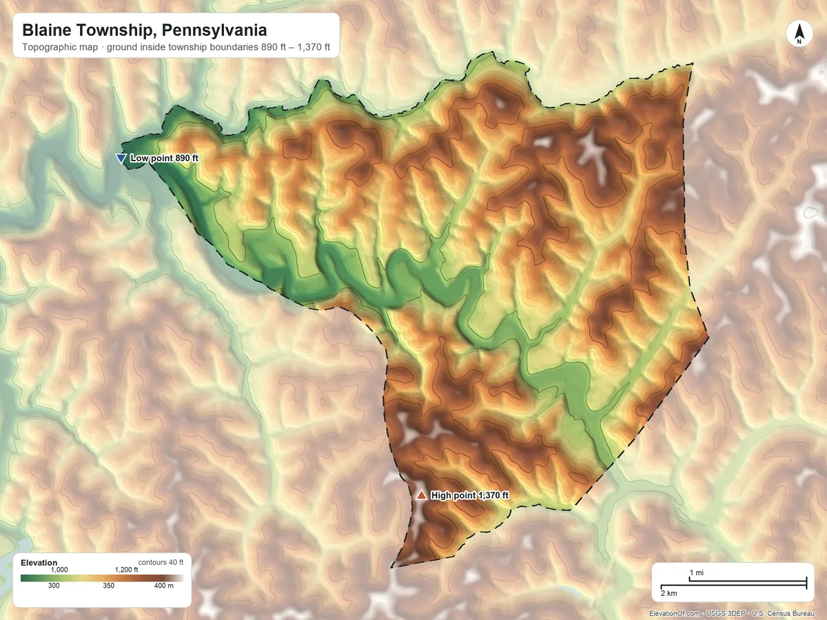 Topographic elevation map of Blaine Township, Pennsylvania, shaded from 890 ft on the northwest side to 1,370 ft on the southwest side