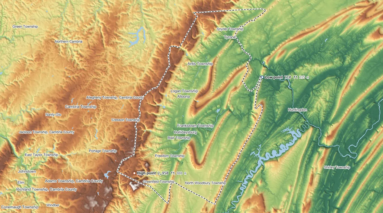 Topographic elevation map of Blair County, Pennsylvania, shaded from 710 ft on the northeast side to 2,950 ft on Schaefer Head
