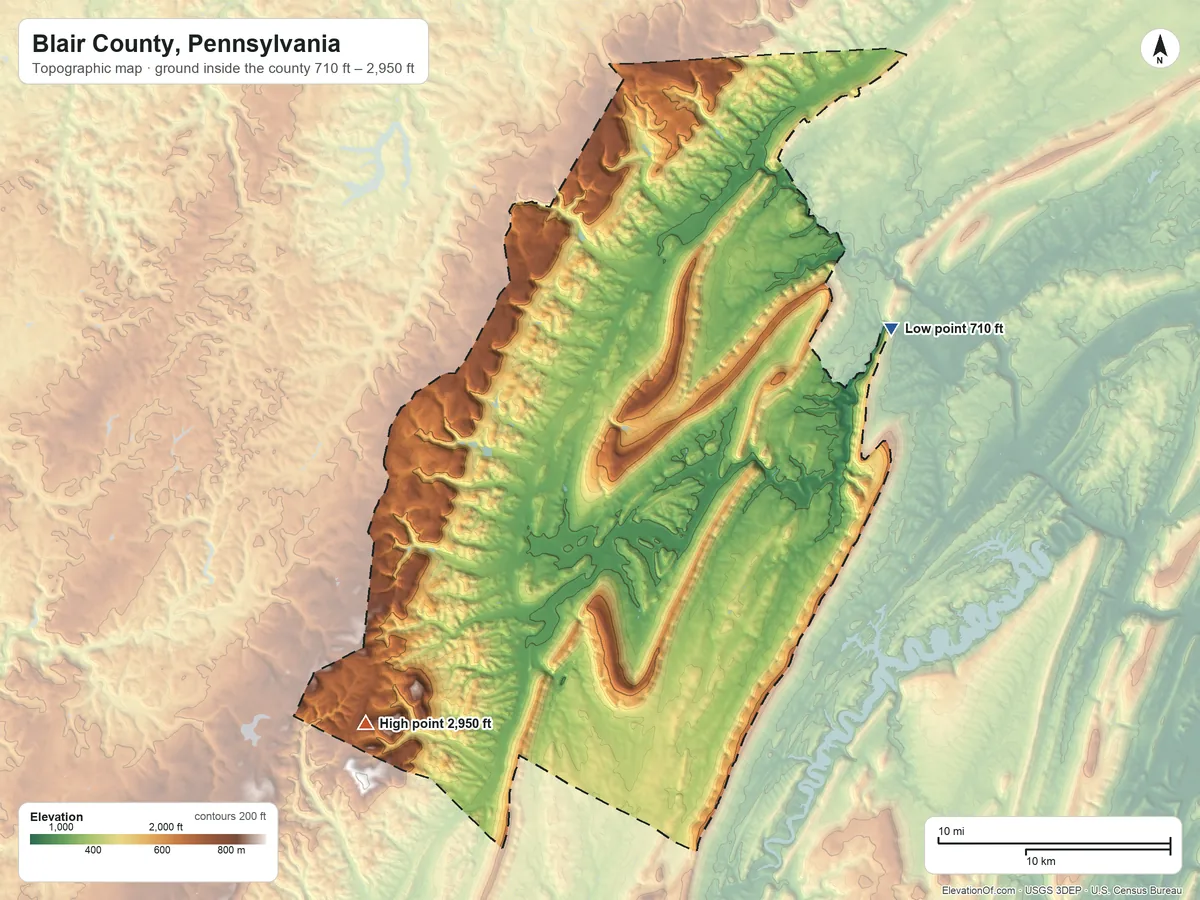Topographic elevation map of Blair County, Pennsylvania, shaded from 710 ft on the northeast side to 2,950 ft on Schaefer Head