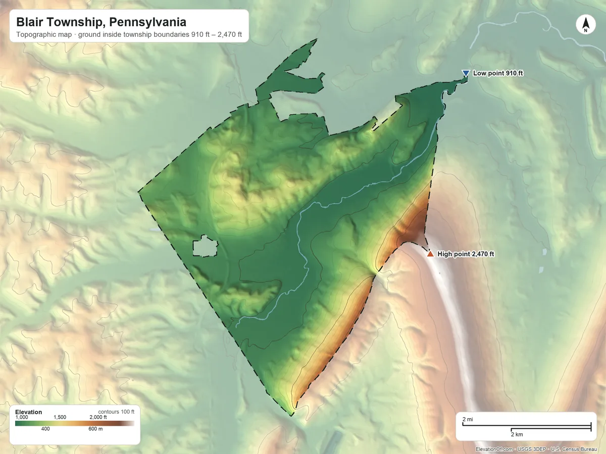 Topographic elevation map of Blair Township, Pennsylvania, shaded from 910 ft on the northeast side to 2,470 ft on the southeast side