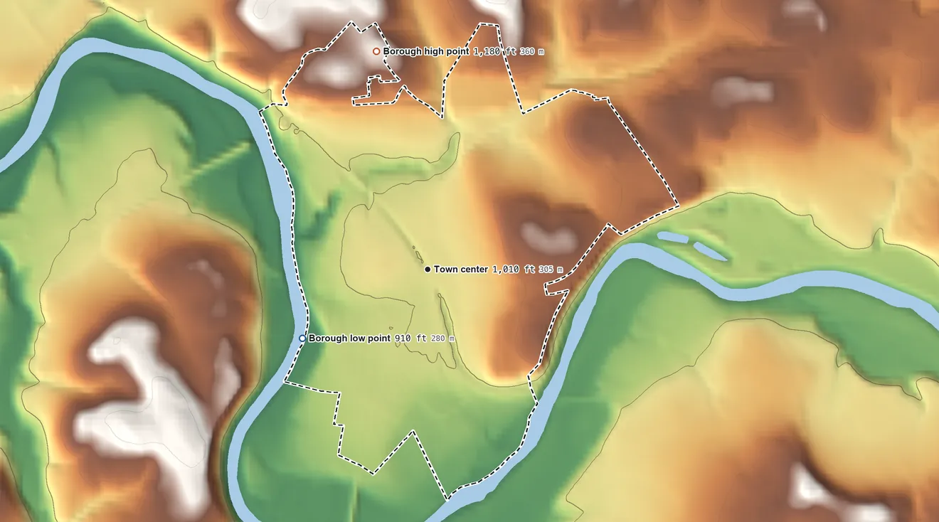 Topographic elevation map of Blairsville, Pennsylvania, shaded from 910 ft on the southwest side to 1,180 ft on the north side