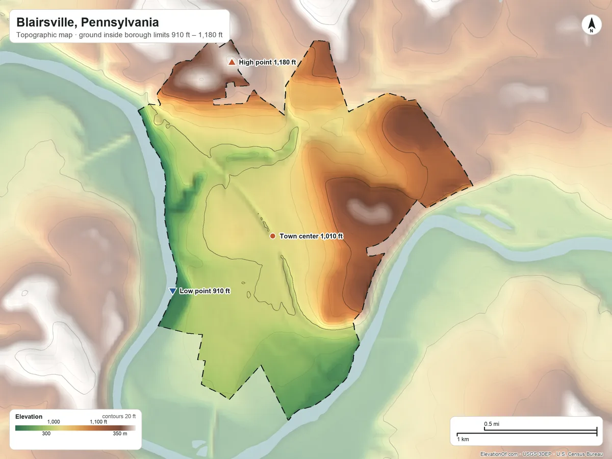 Topographic elevation map of Blairsville, Pennsylvania, shaded from 910 ft on the southwest side to 1,180 ft on the north side