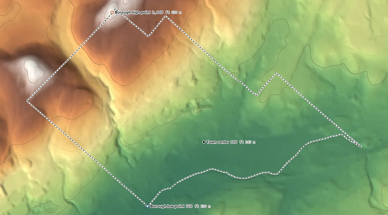 Topographic elevation map of Blakely, Pennsylvania, shaded from 760 ft on the southwest side to 2,040 ft on the northwest side