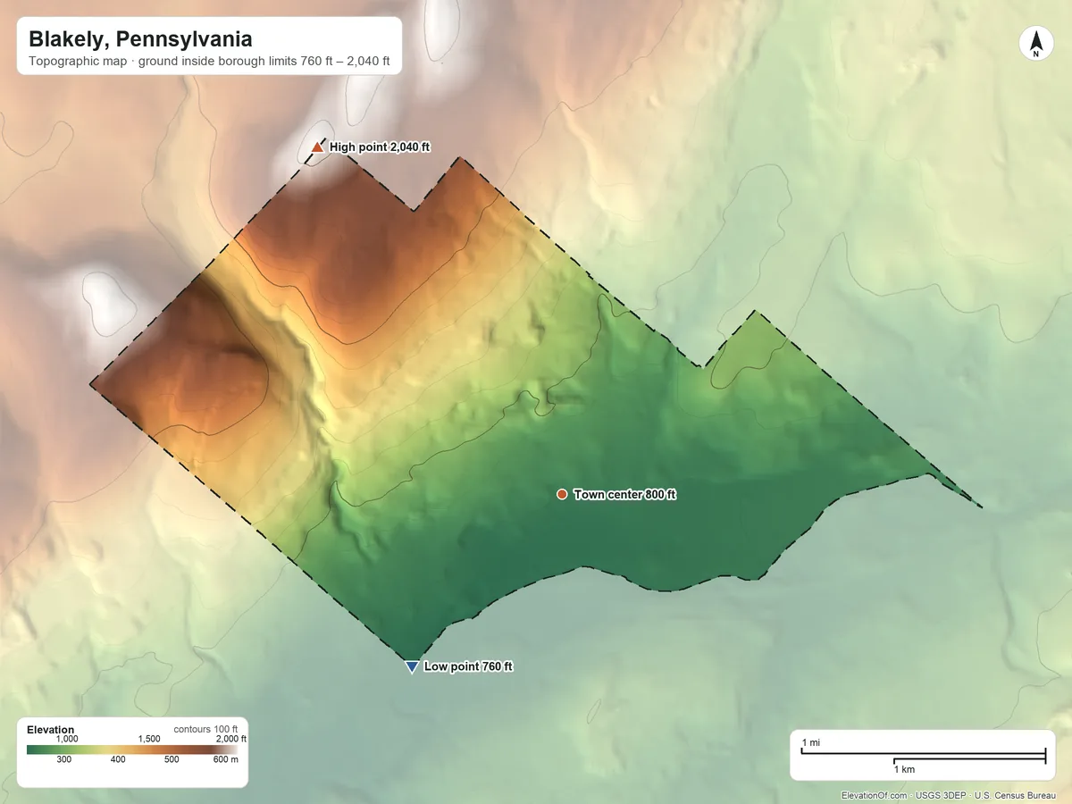 Topographic elevation map of Blakely, Pennsylvania, shaded from 760 ft on the southwest side to 2,040 ft on the northwest side