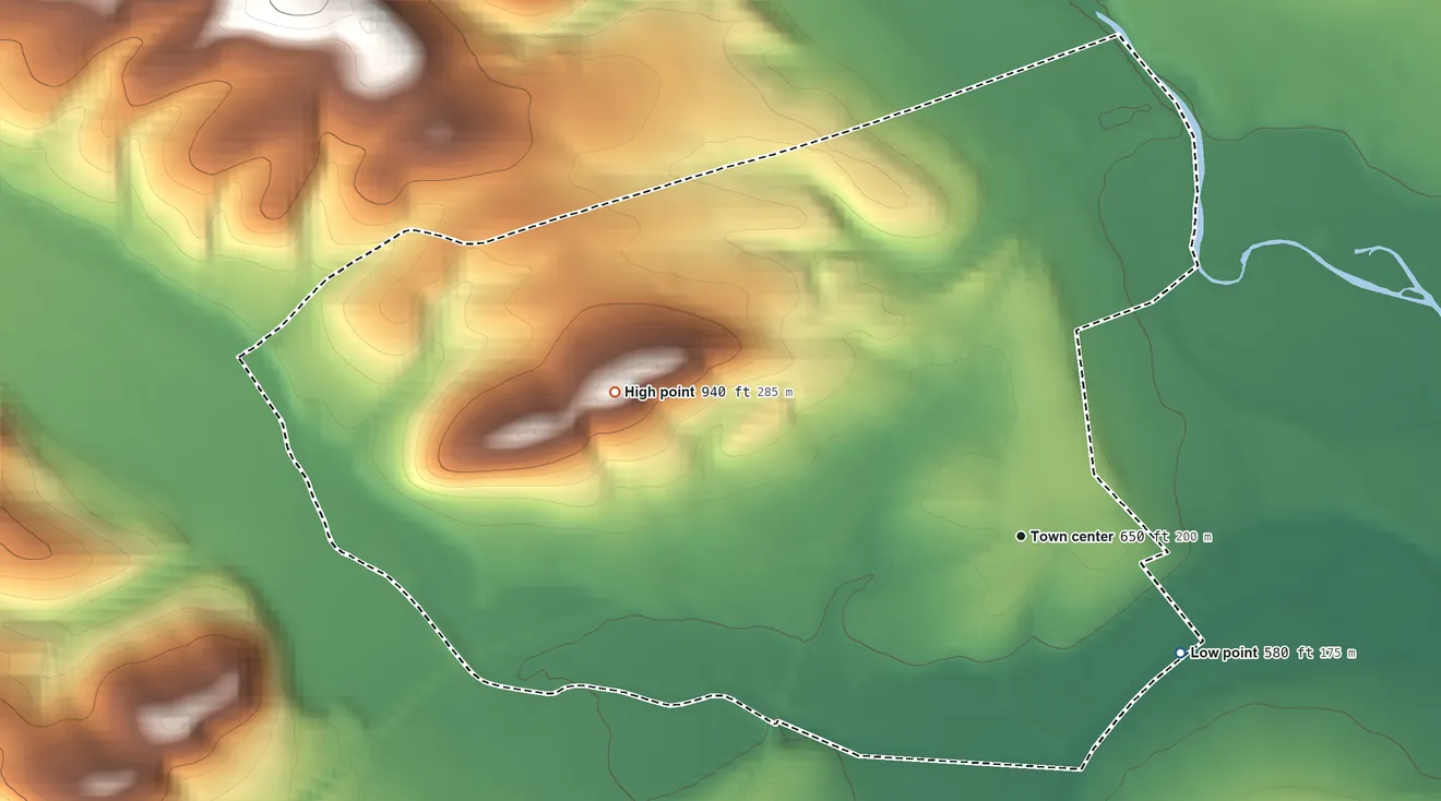 Topographic elevation map of Blanchard, Pennsylvania, shaded from 580 ft on the southeast side to 940 ft on the west edge, below higher ground just outside