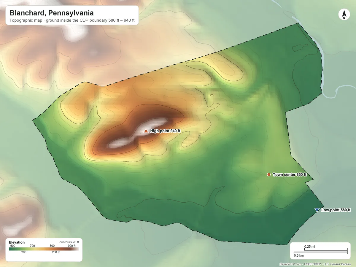 Topographic elevation map of Blanchard, Pennsylvania, shaded from 580 ft on the southeast side to 940 ft on the west edge, below higher ground just outside