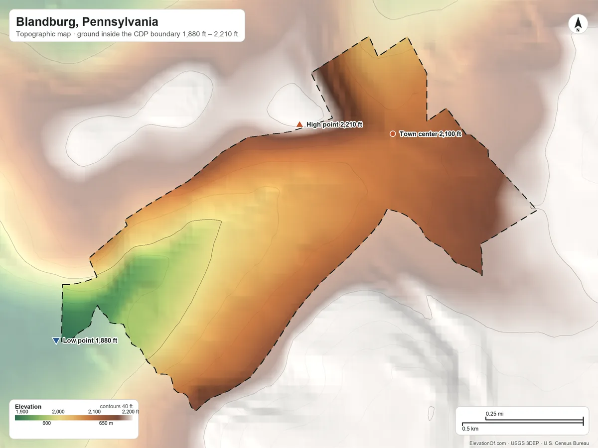 Topographic elevation map of Blandburg, Pennsylvania, shaded from 1,880 ft on the southwest side to 2,210 ft on the west side