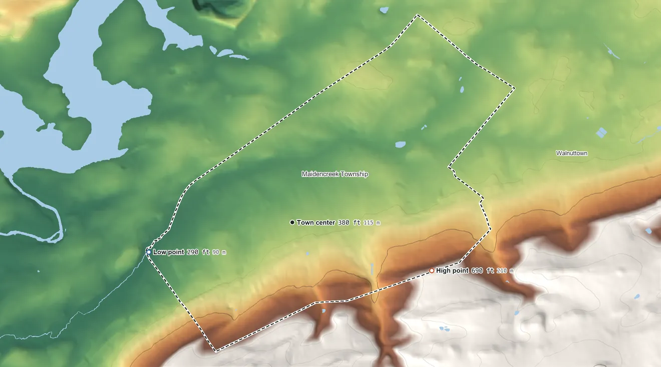 Topographic elevation map of Blandon, Pennsylvania, shaded from 290 ft on the west side to 690 ft on the east edge, below higher ground just outside