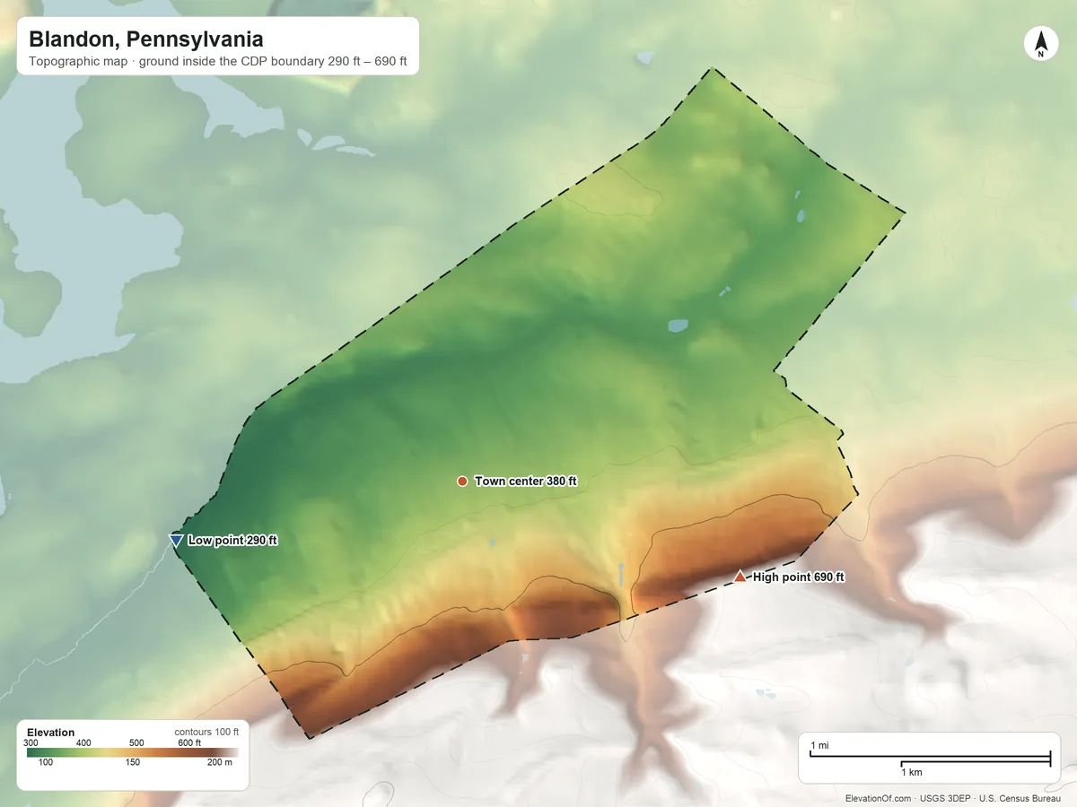Topographic elevation map of Blandon, Pennsylvania, shaded from 290 ft on the west side to 690 ft on the east edge, below higher ground just outside