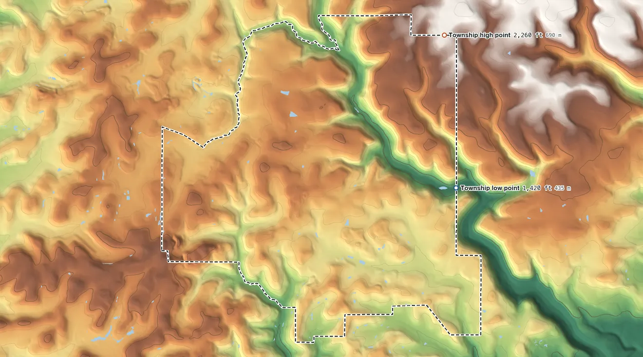 Topographic elevation map of Bloom Township, Pennsylvania, shaded from 1,420 ft on the east side to 2,260 ft on the northeast side
