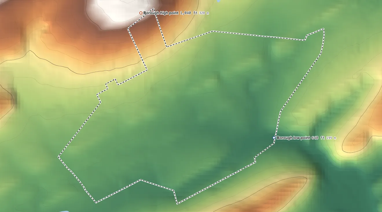 Topographic elevation map of Bloomfield, Pennsylvania, shaded from 640 ft on the east side to 1,040 ft on the northwest side