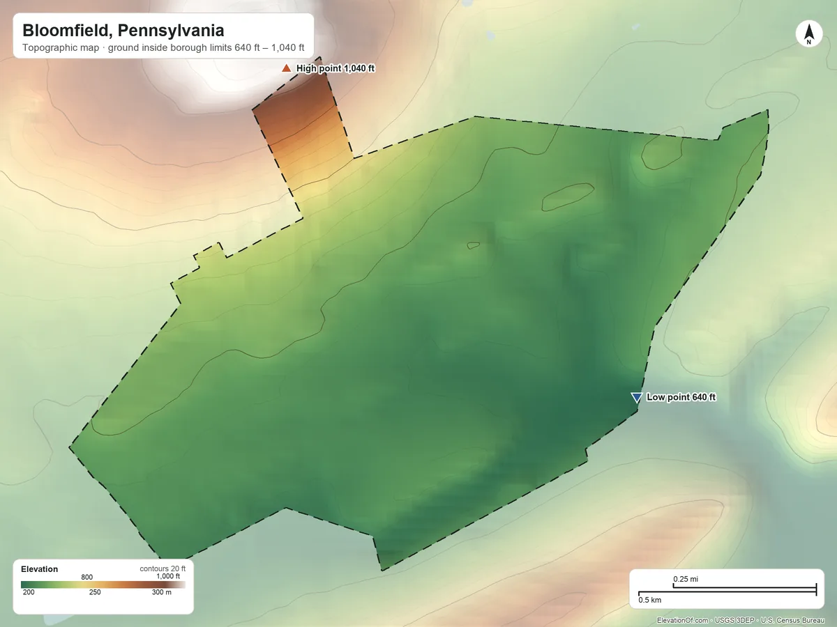 Topographic elevation map of Bloomfield, Pennsylvania, shaded from 640 ft on the east side to 1,040 ft on the northwest side