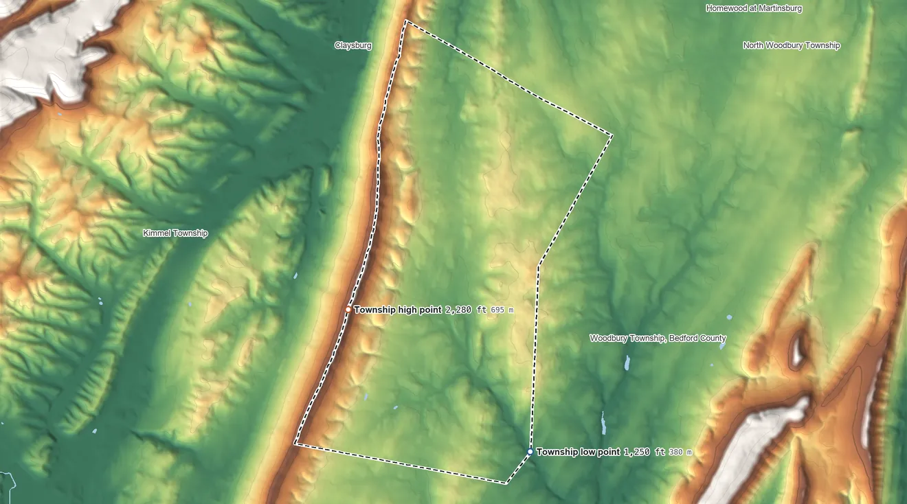 Topographic elevation map of Bloomfield Township, Bedford County, Pennsylvania, shaded from 1,250 ft on the south side to 2,280 ft on the southwest side