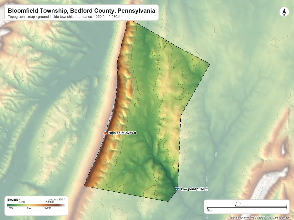 Topographic elevation map of Bloomfield Township, Bedford County, Pennsylvania, shaded from 1,250 ft on the south side to 2,280 ft on the southwest side