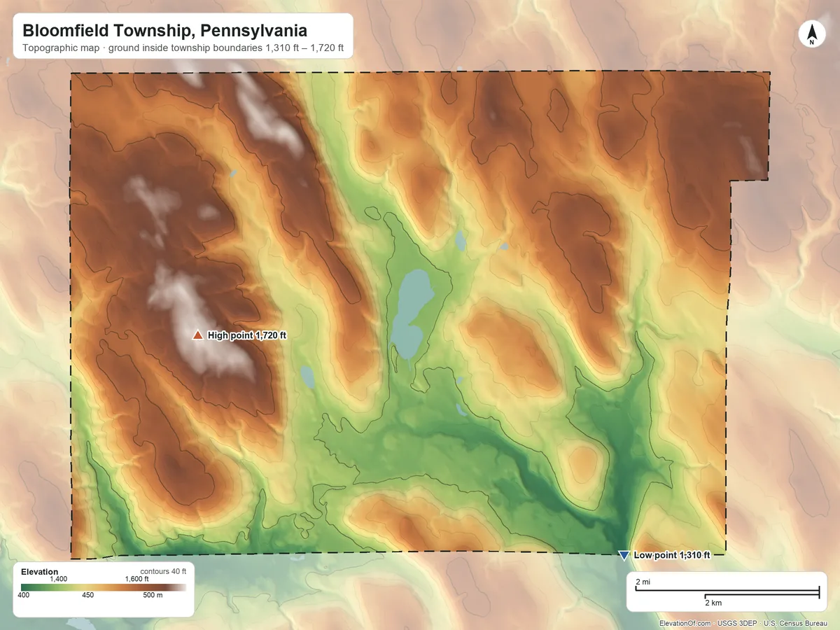 Topographic elevation map of Bloomfield Township, Pennsylvania, shaded from 1,310 ft on the southeast side to 1,720 ft on the west side