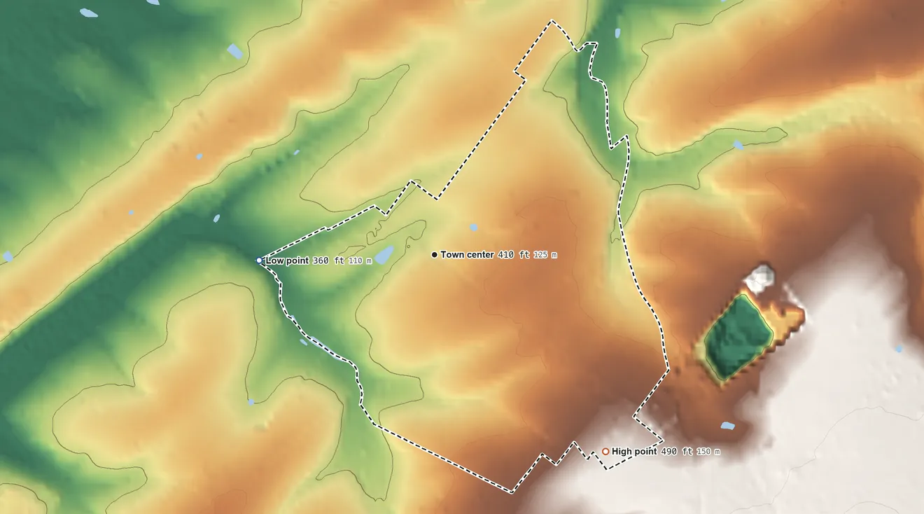 Topographic elevation map of Blooming Glen, Pennsylvania, shaded from 360 ft on the west side to 490 ft on the southeast side
