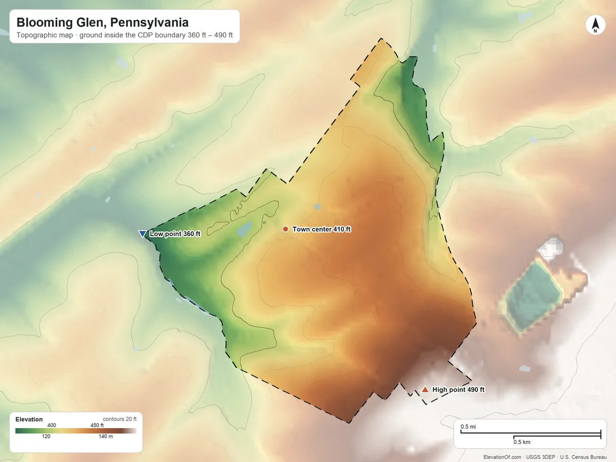 Topographic elevation map of Blooming Glen, Pennsylvania, shaded from 360 ft on the west side to 490 ft on the southeast side