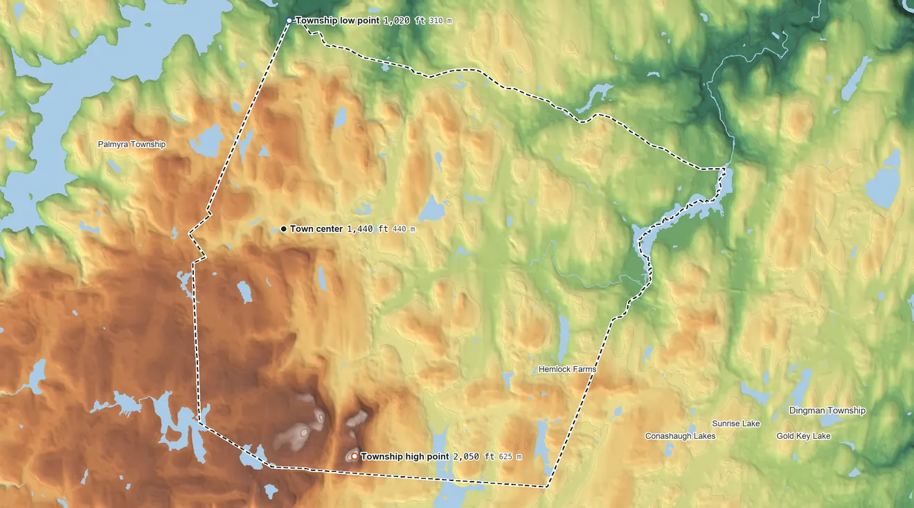 Topographic elevation map of Blooming Grove Township, Pennsylvania, shaded from 1,020 ft on the north side to 2,055 ft on High Knob