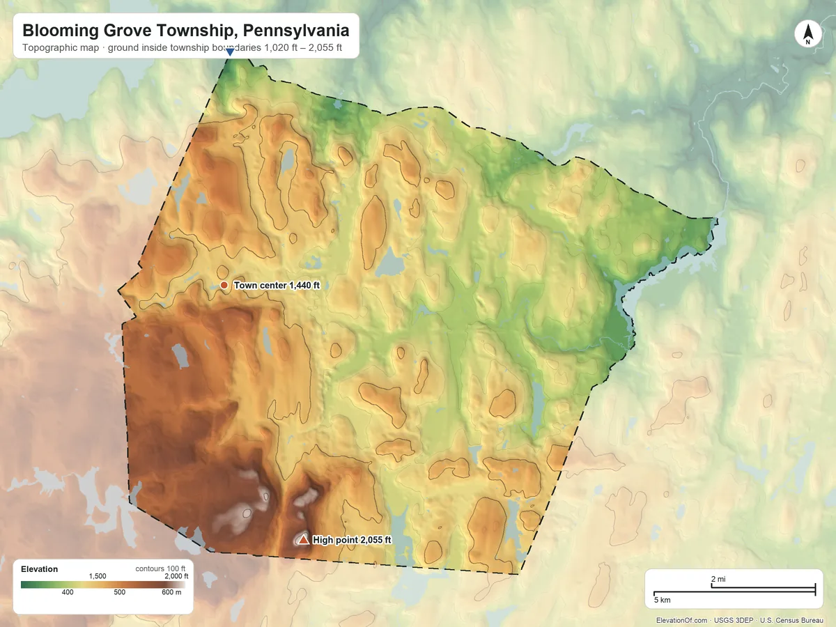 Topographic elevation map of Blooming Grove Township, Pennsylvania, shaded from 1,020 ft on the north side to 2,055 ft on High Knob