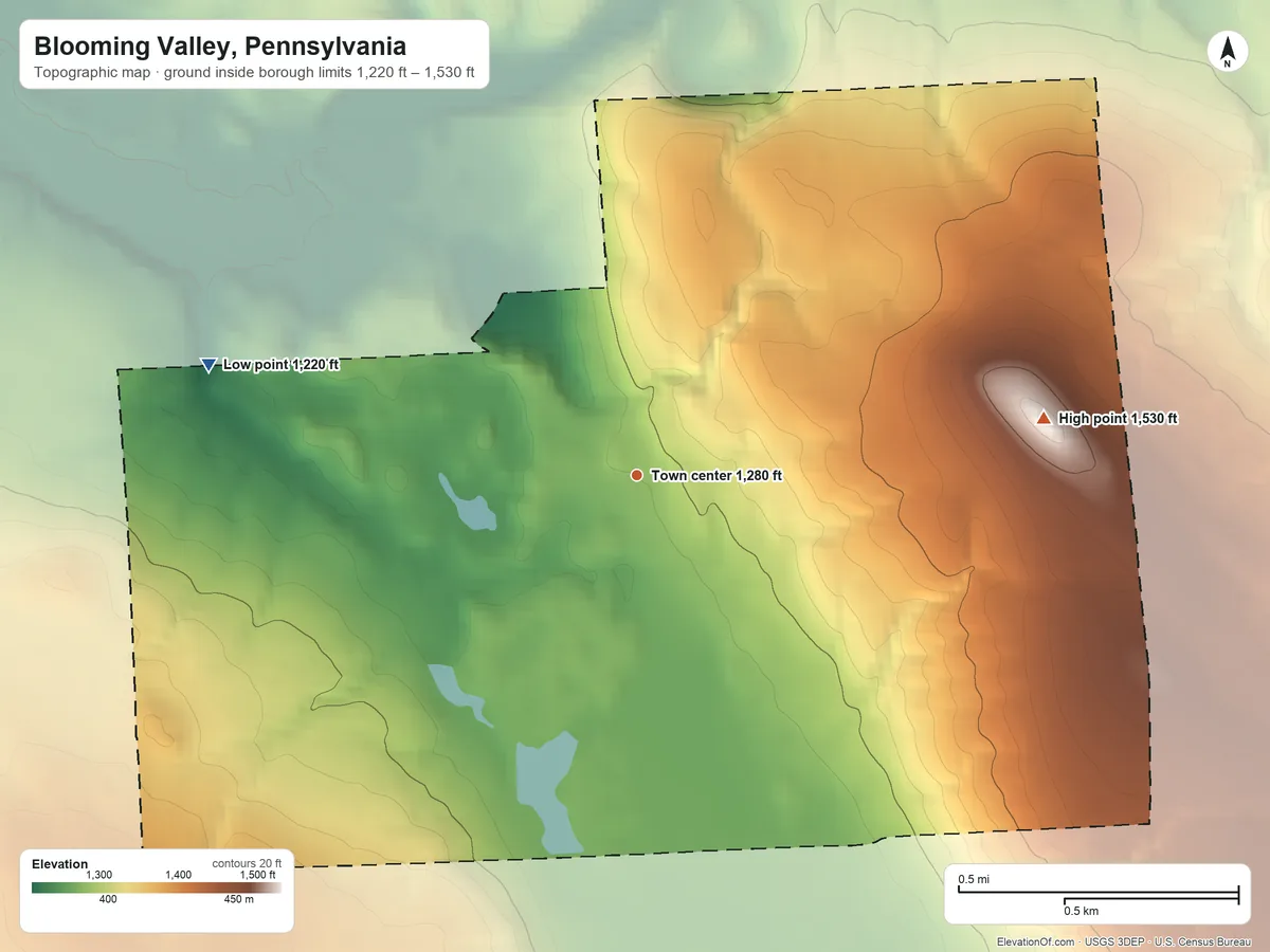 Topographic elevation map of Blooming Valley, Pennsylvania, shaded from 1,220 ft on the west side to 1,530 ft on the east side