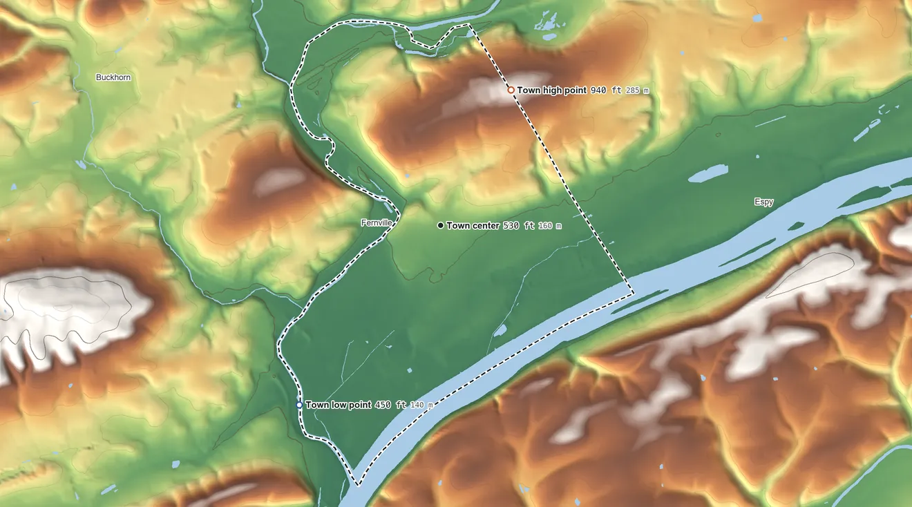 Topographic elevation map of Bloomsburg, Pennsylvania, shaded from 450 ft on the southwest side to 940 ft on the northeast edge, below higher ground just outside