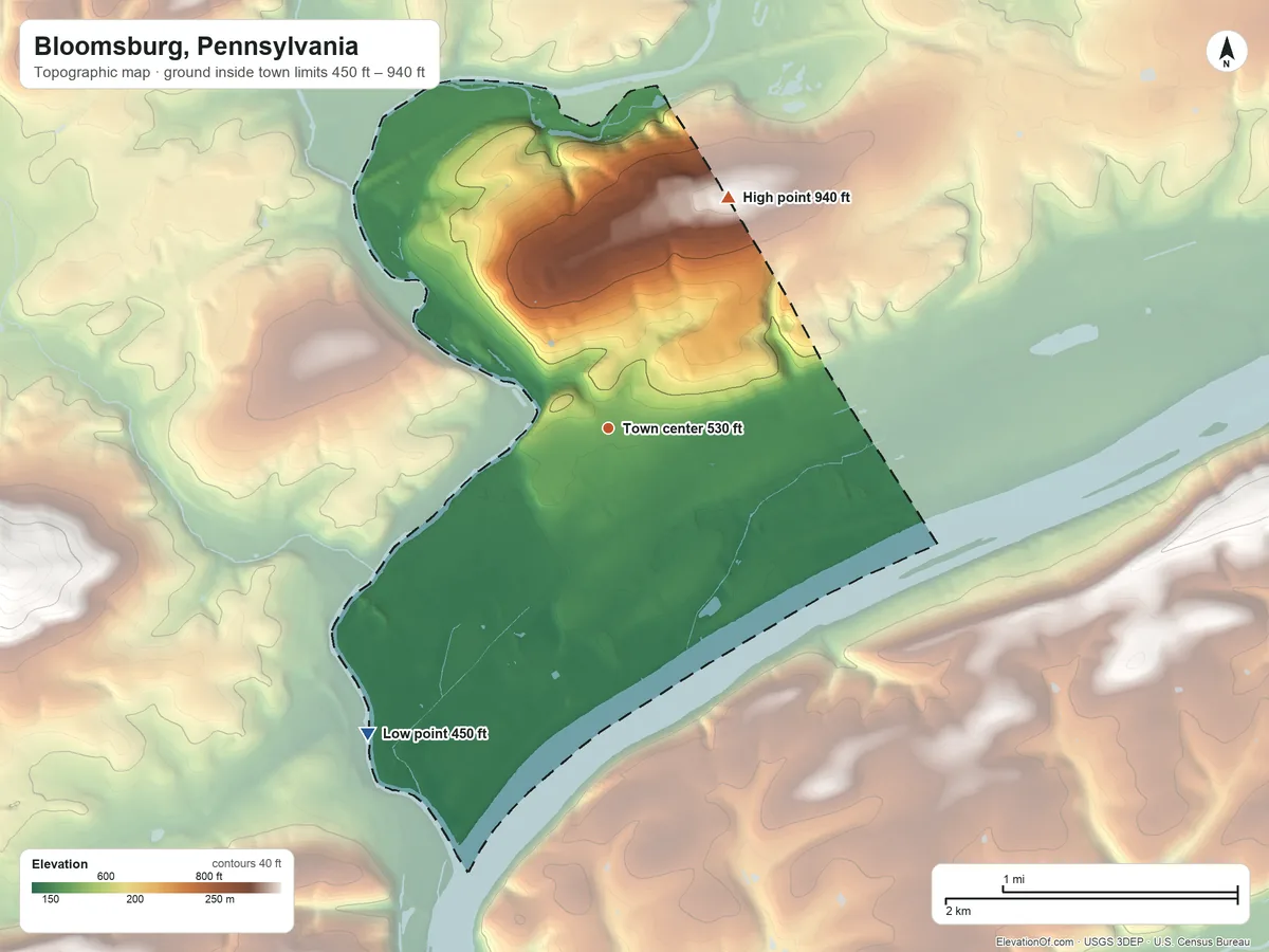 Topographic elevation map of Bloomsburg, Pennsylvania, shaded from 450 ft on the southwest side to 940 ft on the northeast edge, below higher ground just outside