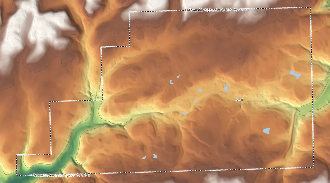 Topographic elevation map of Bloss Township, Pennsylvania, shaded from 1,200 ft on the west side to 2,180 ft on the northwest side