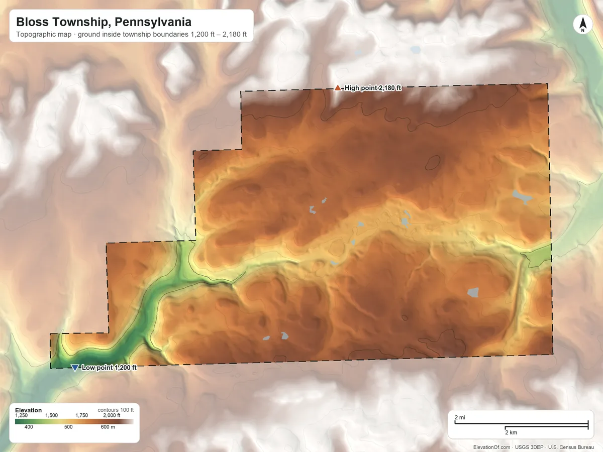 Topographic elevation map of Bloss Township, Pennsylvania, shaded from 1,200 ft on the west side to 2,180 ft on the northwest side