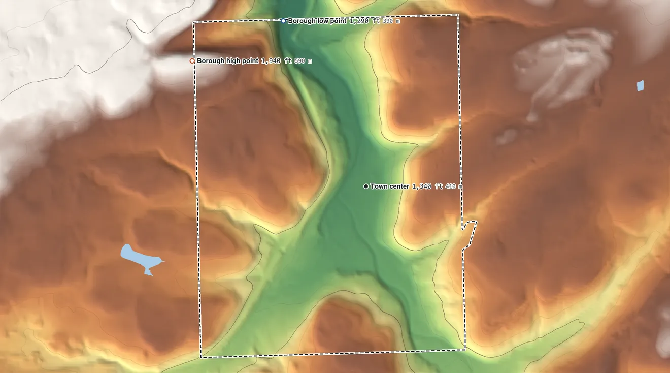 Topographic elevation map of Blossburg, Pennsylvania, shaded from 1,290 ft on the northwest side to 1,940 ft on the northwest side