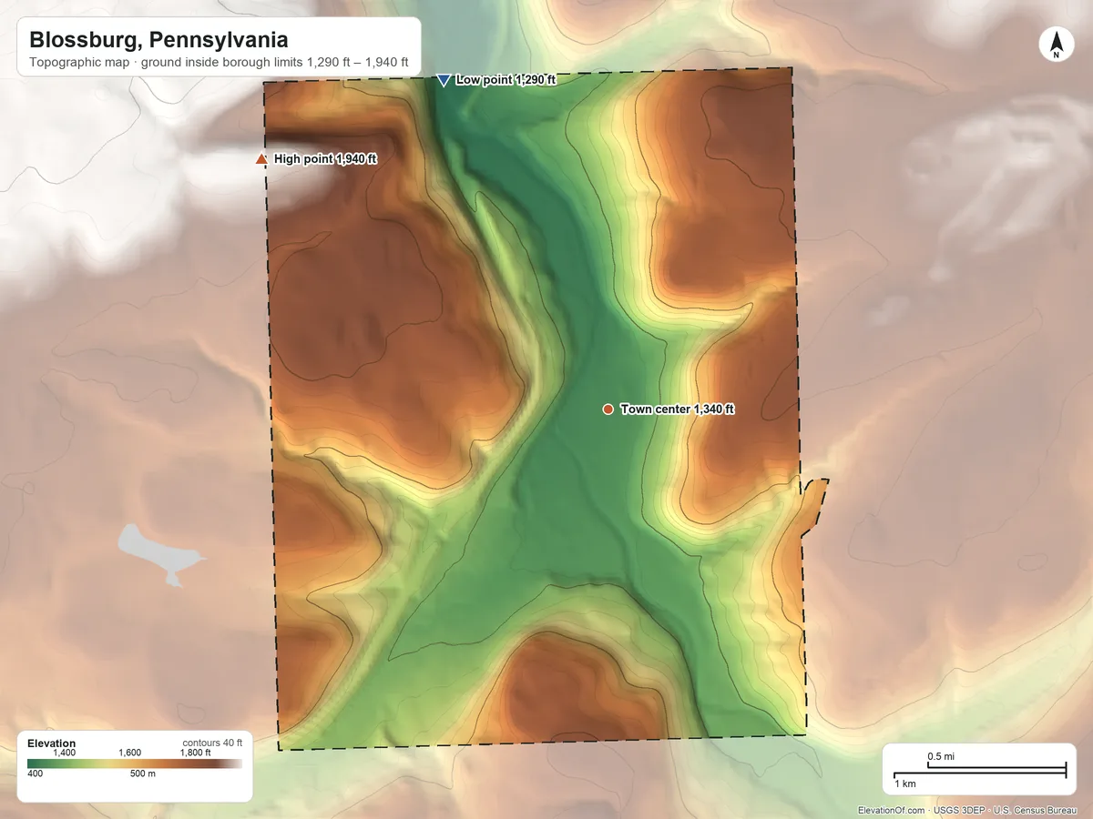 Topographic elevation map of Blossburg, Pennsylvania, shaded from 1,290 ft on the northwest side to 1,940 ft on the northwest side