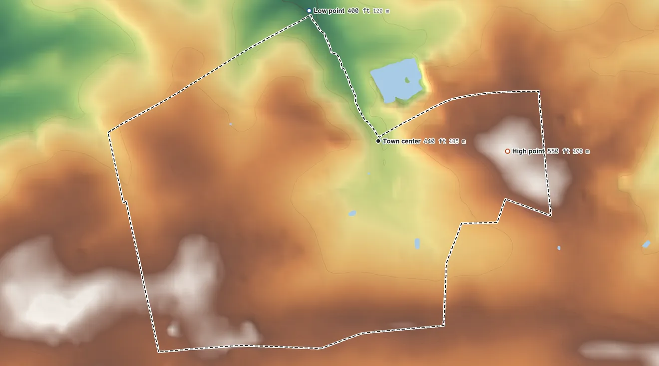 Topographic elevation map of Blue Ball, Pennsylvania, shaded from 400 ft on the northwest side to 550 ft at the foot of The Baron Hills