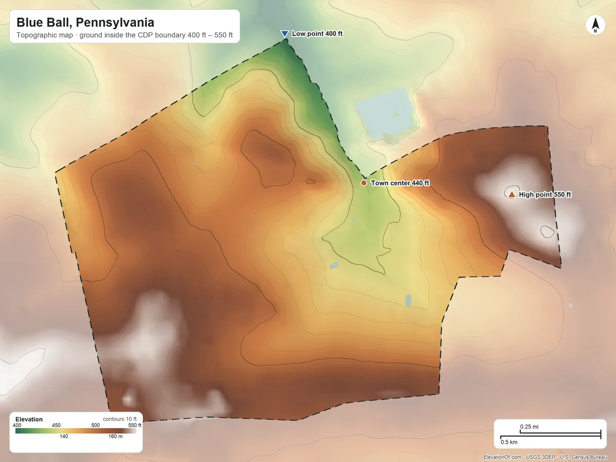 Topographic elevation map of Blue Ball, Pennsylvania, shaded from 400 ft on the northwest side to 550 ft at the foot of The Baron Hills