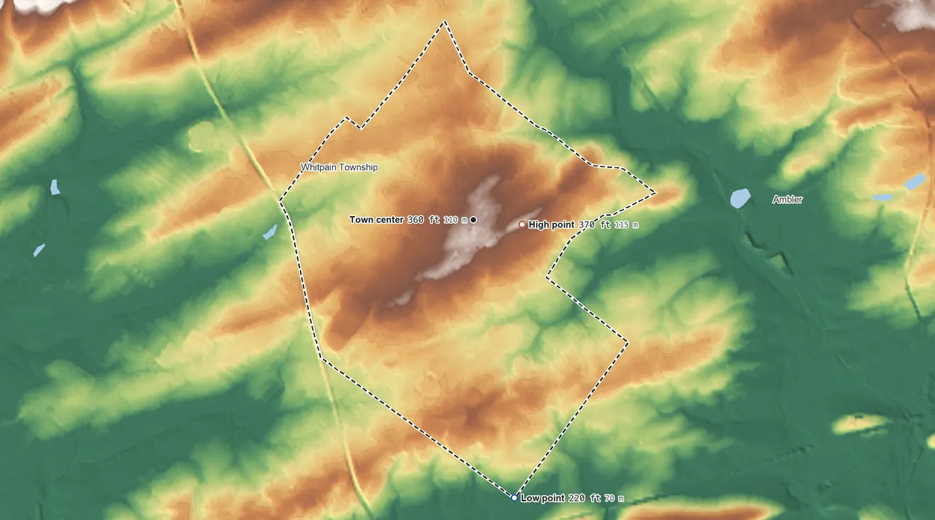 Topographic elevation map of Blue Bell, Pennsylvania, shaded from 220 ft on the south side to 370 ft near the middle