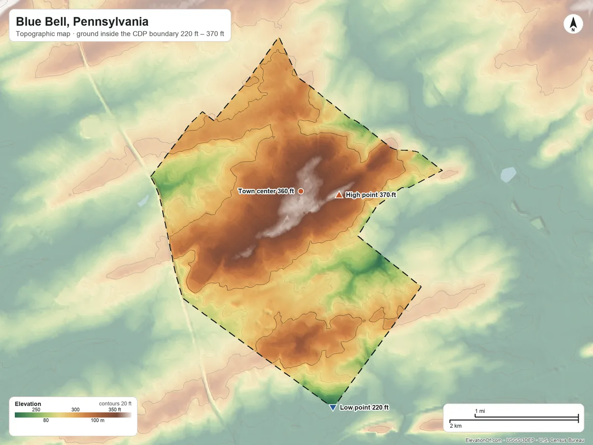 Topographic elevation map of Blue Bell, Pennsylvania, shaded from 220 ft on the south side to 370 ft near the middle