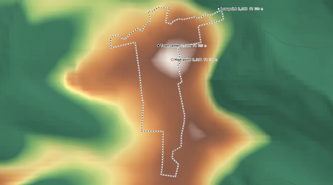 Topographic elevation map of Blue Knob, Pennsylvania, shaded from 2,300 ft on the northeast side to 2,390 ft on the southeast edge, below higher ground just outside