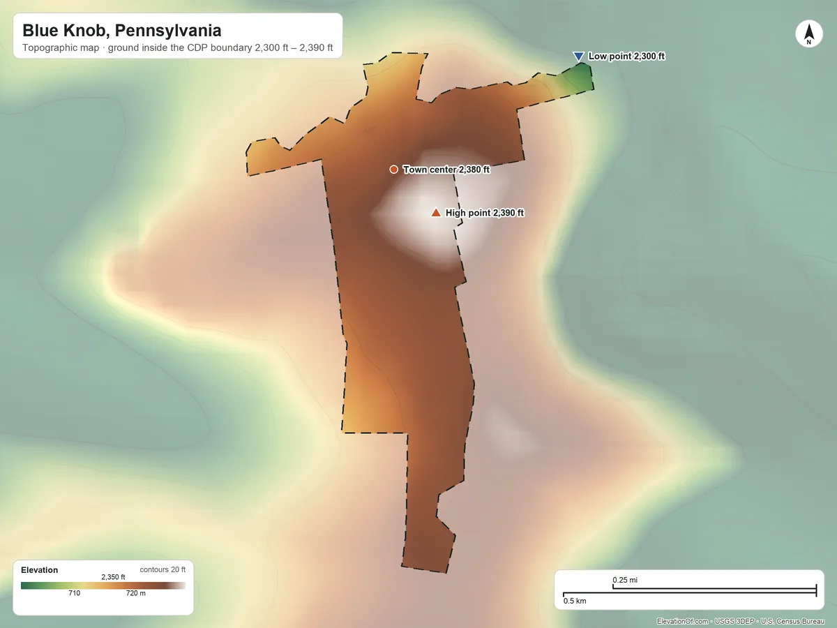 Topographic elevation map of Blue Knob, Pennsylvania, shaded from 2,300 ft on the northeast side to 2,390 ft on the southeast edge, below higher ground just outside