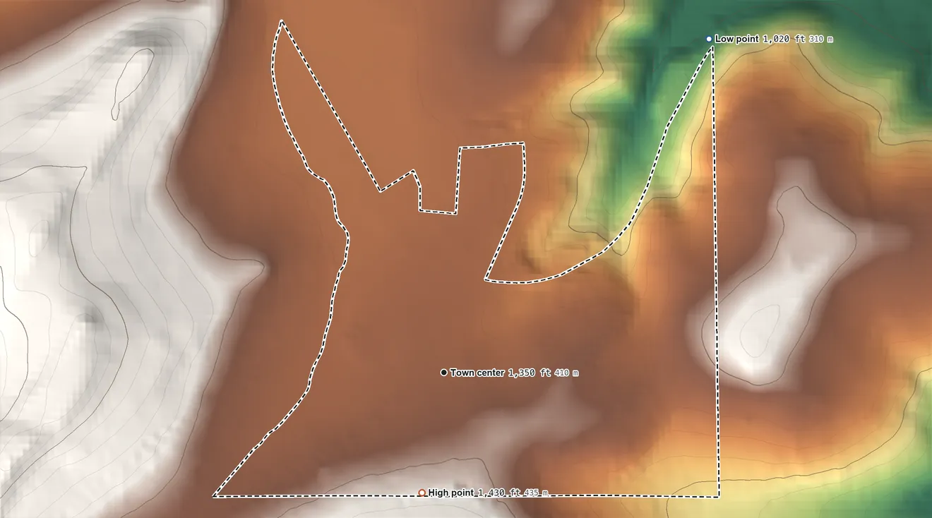 Topographic elevation map of Blue Ridge Summit, Pennsylvania, shaded from 1,020 ft on the northeast side to 1,430 ft on the south side