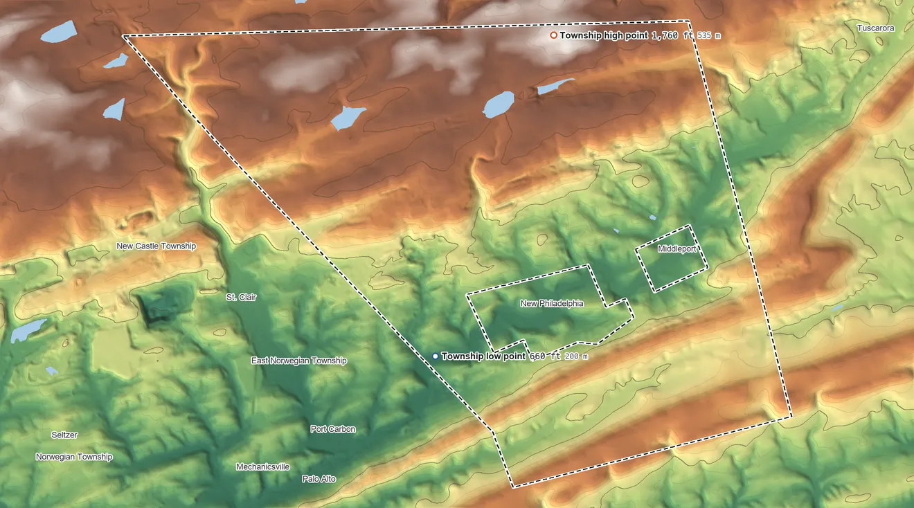 Topographic elevation map of Blythe Township, Pennsylvania, shaded from 660 ft on the southwest side to 1,760 ft on the north side