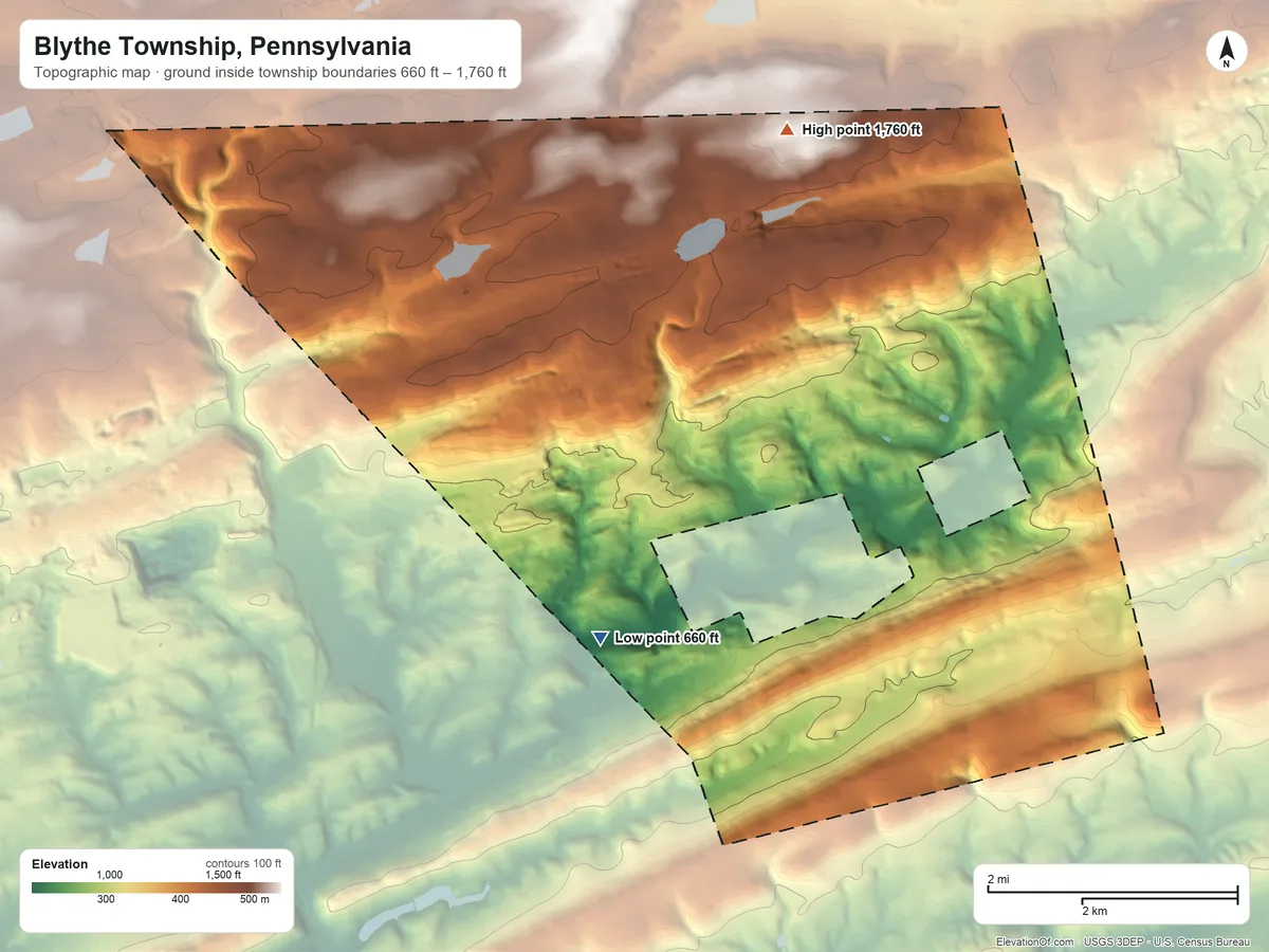 Topographic elevation map of Blythe Township, Pennsylvania, shaded from 660 ft on the southwest side to 1,760 ft on the north side