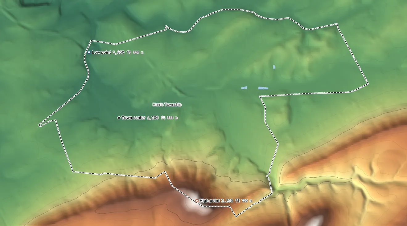 Topographic elevation map of Boalsburg, Pennsylvania, shaded from 1,050 ft on the northwest side to 2,290 ft on Bald Knob